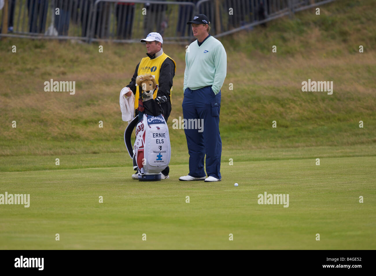 South African golfer Ernie Els with his caddie at the British Open at Birkdale in 2008 Stock Photo
