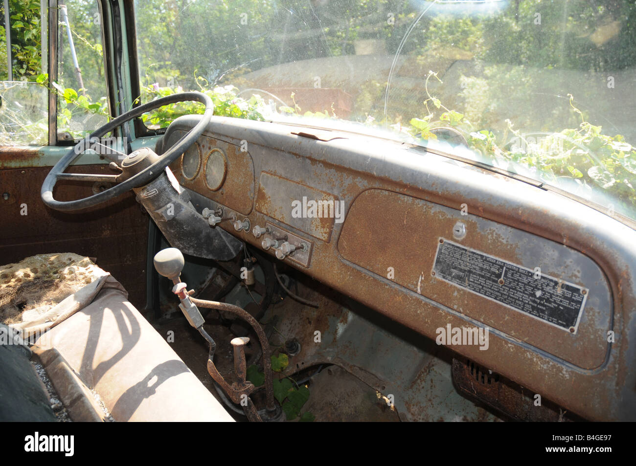 Abandoned truck dash with overgrown vines and weeds.  USA Stock Photo