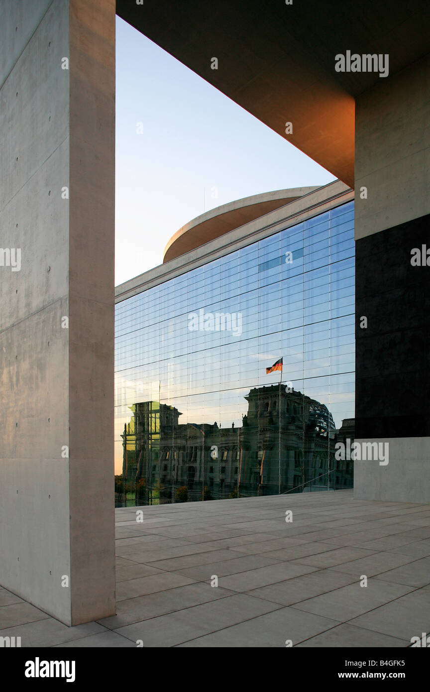 Reflection Of The German Parliament Building On The Side Of Stock