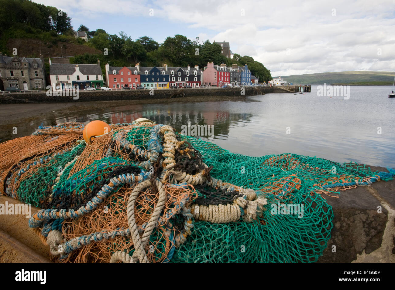 Fishing nets and cottages Tobermory Mull Scotland Stock Photo