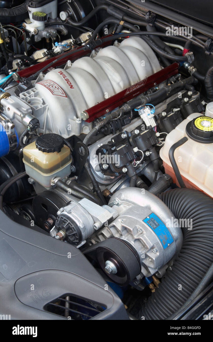 Vortech supercharger attached to a modified Chevrolet LS1 engine in an Australian Holden Commodore sports car Stock Photo