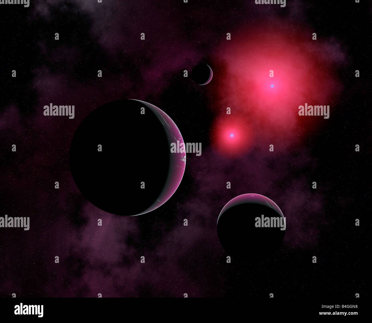 Distant Alien Worlds On The Edge Of  Nebula.Which Are illuminated By A Pair Of Distant Stars Stock Photo