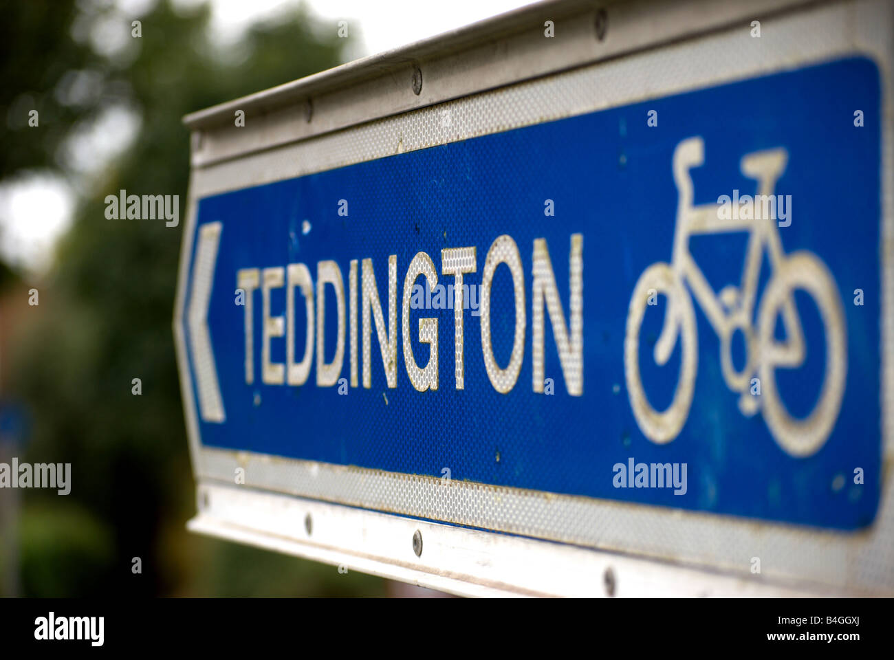 blue and white british cycle network sign for teddington, located in ham, southwest london, england Stock Photo