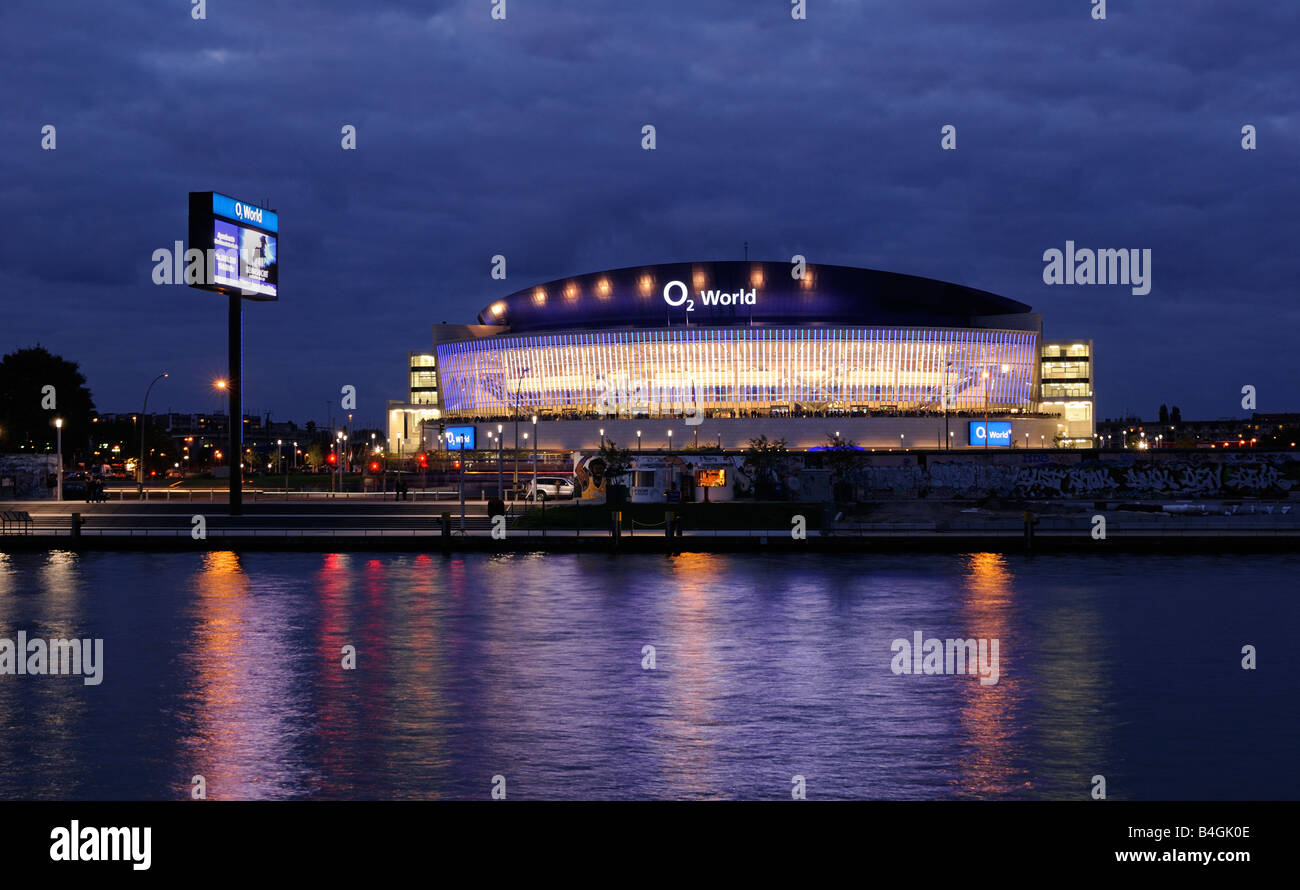 O2 World, with Spree river and East Side Gallery, O2 Arena of the Anschutz Entertainment Group, Berlin Friedrichshain, Germany, Stock Photo