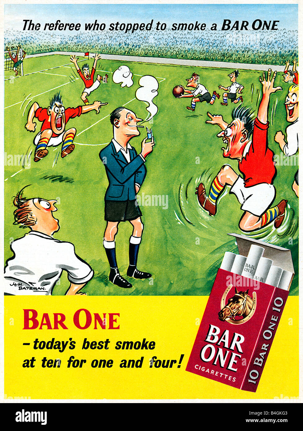 Bar One Football Ad 1952 advert by HM Bateman for the popular brand of English cigarettes here distracting the ref Stock Photo