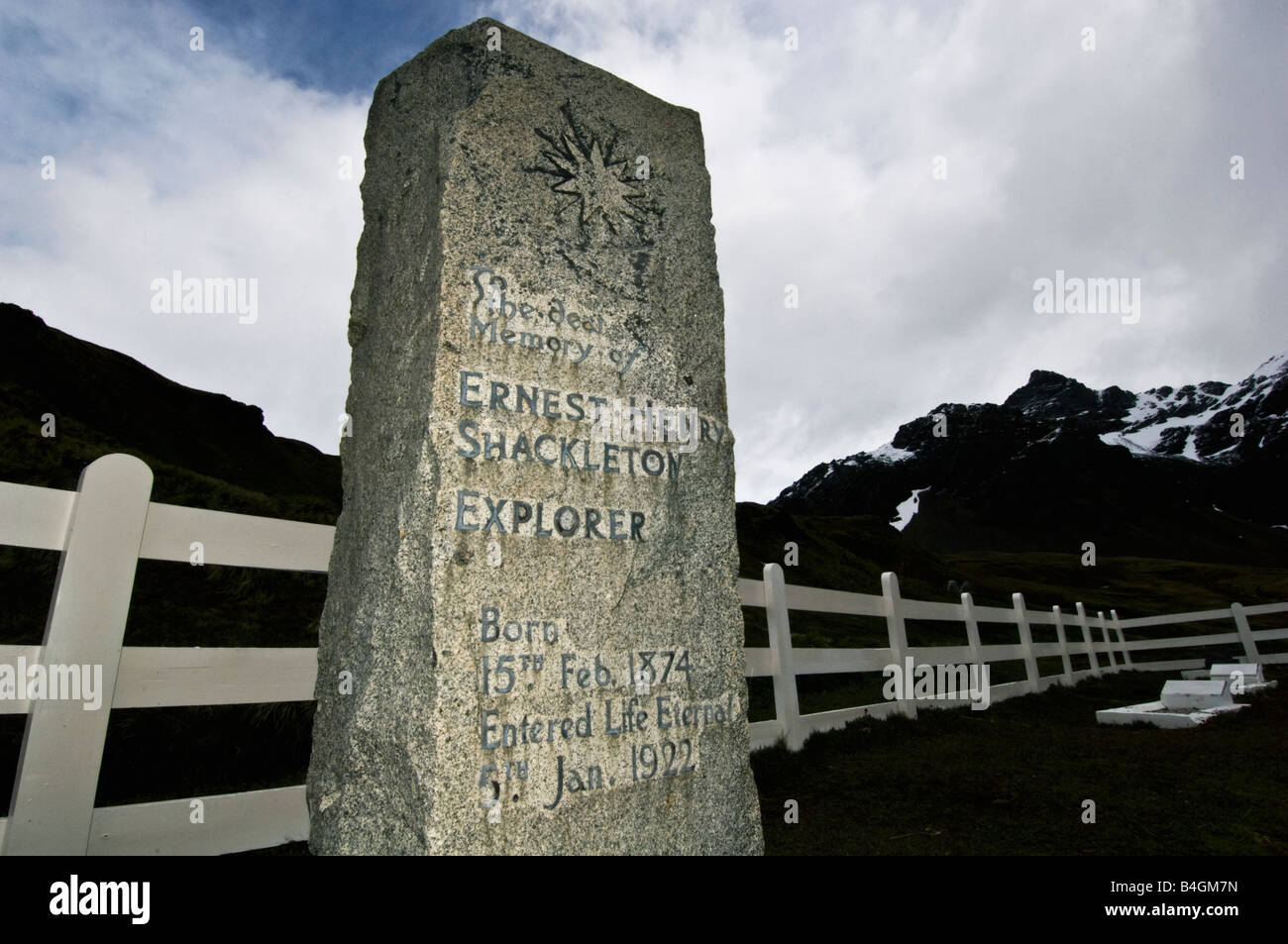 Grave of Explorer Ernest Shackleton, Grytviken Whaling Station, South Georgia Island, South Atlantic Ocean Stock Photo