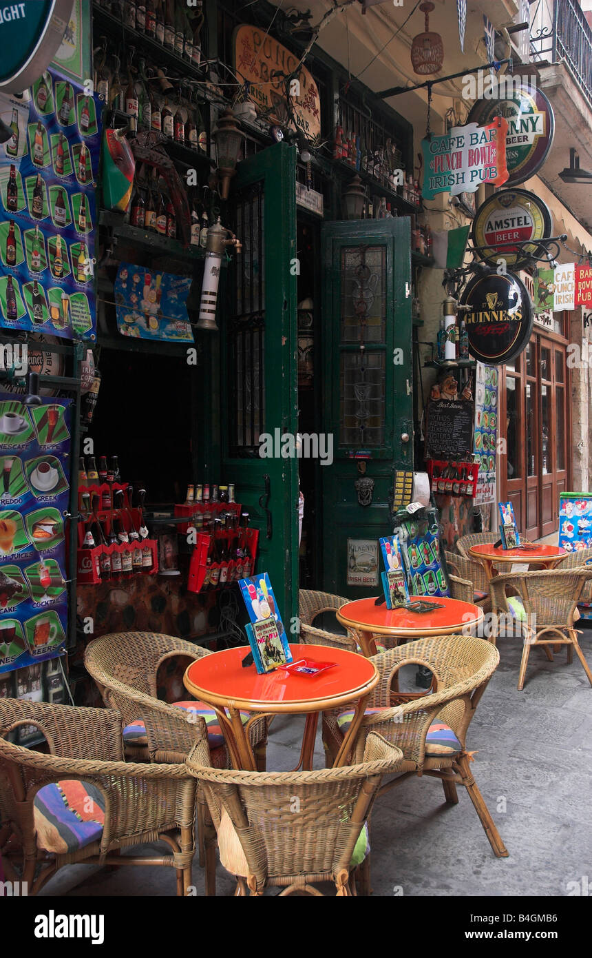 Table and chairs in Irish Pub in Old Town Rethymnon Greece Crete