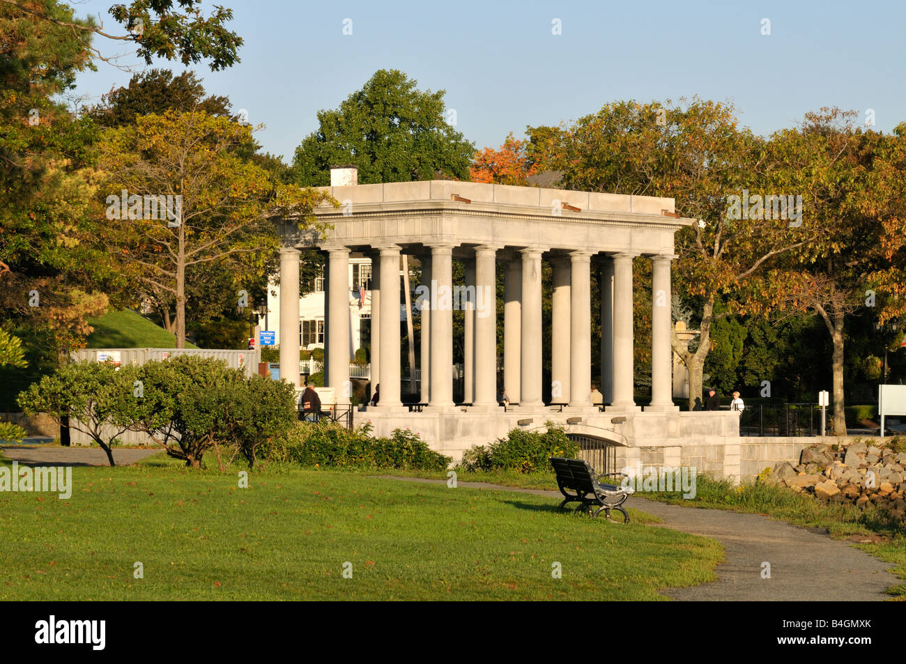 Plymouth Rock Memorial in Pilgrim Memorial State Park on Plymouth Harbor, MA USA Stock Photo
