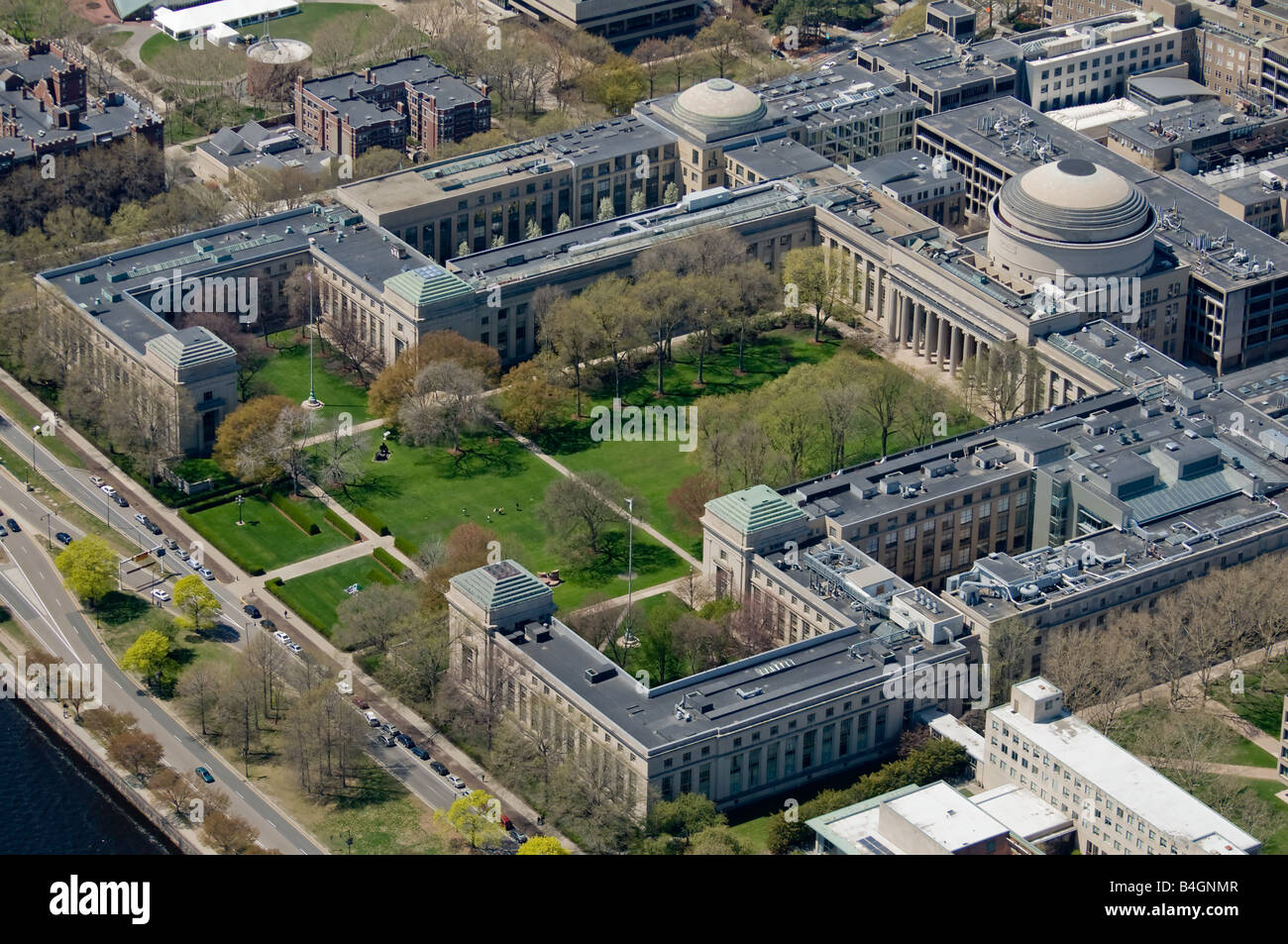 The buildings of the William W Bosworth designed Cambridge MA campus of the Massachusetts Institute of Technology from the air Stock Photo
