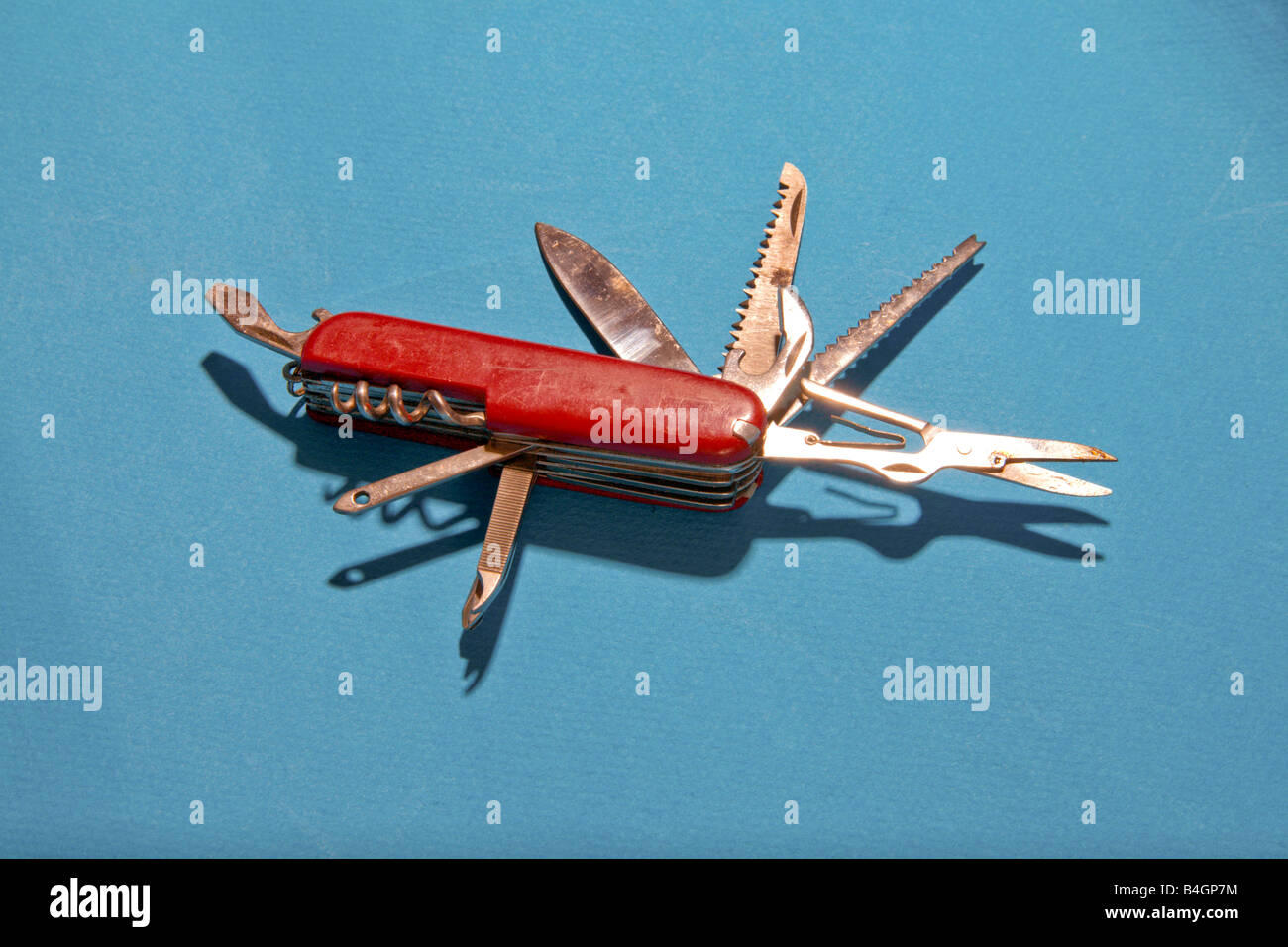 Open Swiss army knife shows variety of blades Stock Photo Alamy