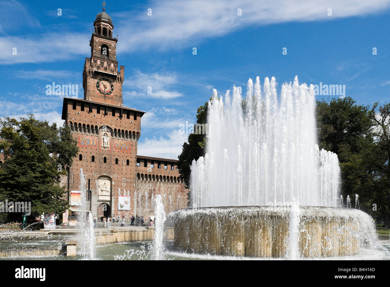 Fountain in front of the entrance to Castello Sforzesco, Milan, Lombardy, Italy Stock Photo