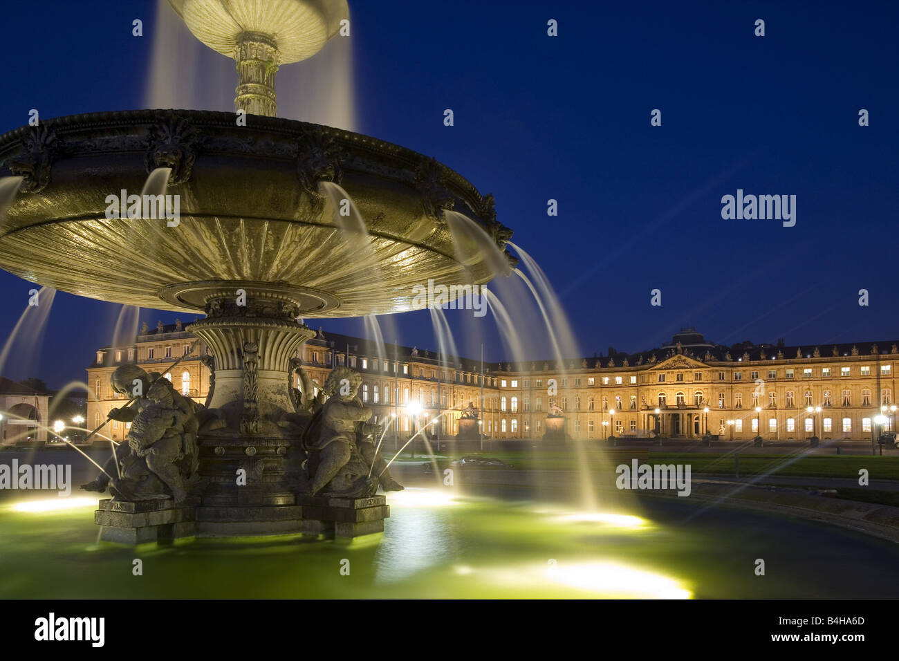 Architectural detail of fountain with castle in background, New Castle ...