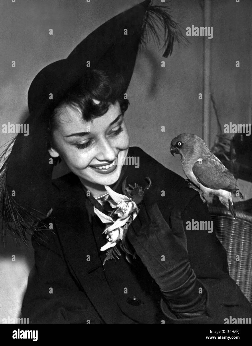 Audrey Hepburn January 1949 at The National Exhibition of Cagebirds Stock Photo