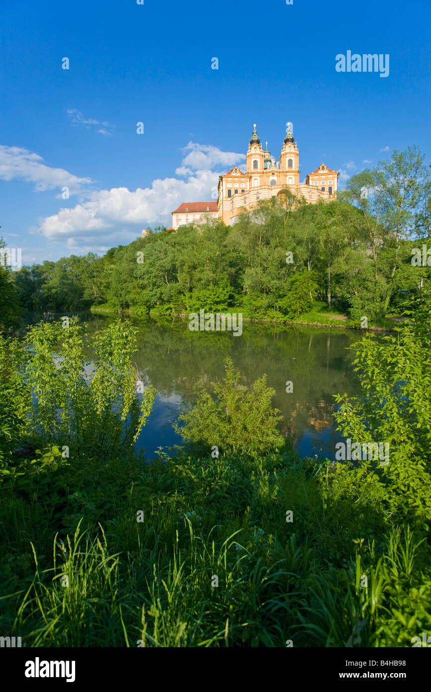 Low angle view of abbey on hill, Stift Melk, Danube River, Wachau, Lower Austria, Austria Stock Photo
