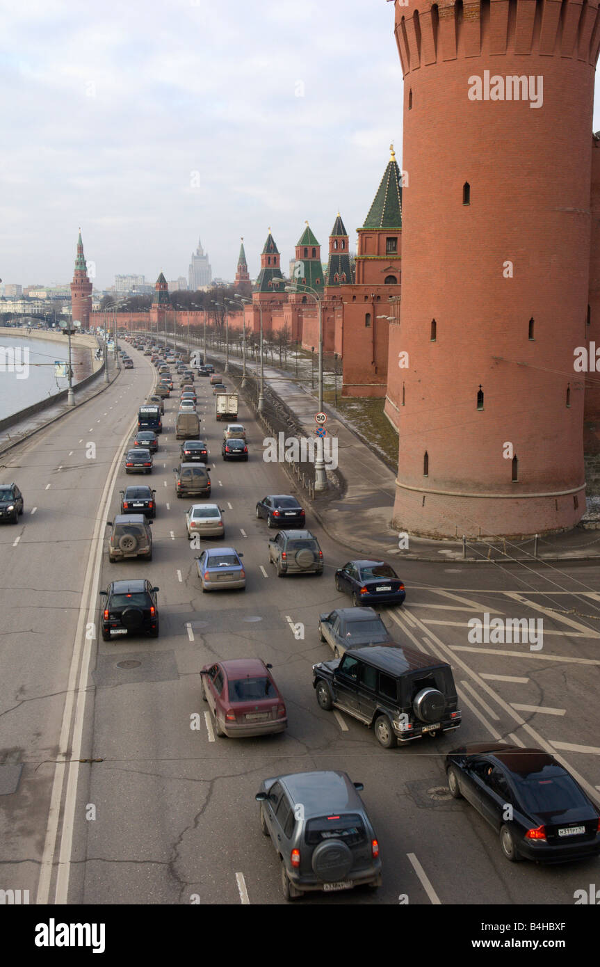 High angle view of traffic on street, Kremlevskaya Naberezhnaya, Kremlin, Moscow, Russia Stock Photo