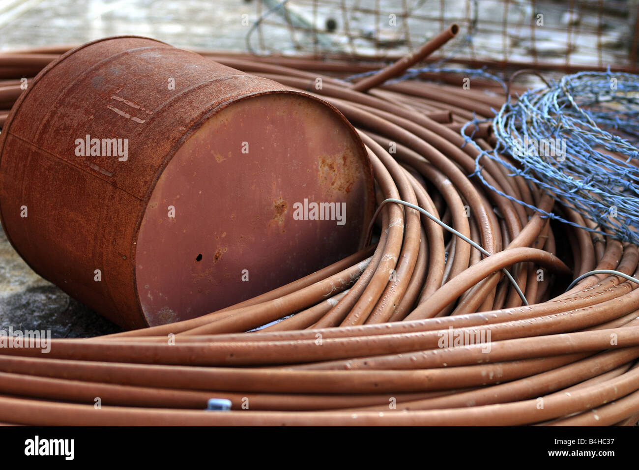 Oil Can Hose and Barbed Wire on Farm, Texas Stock Photo