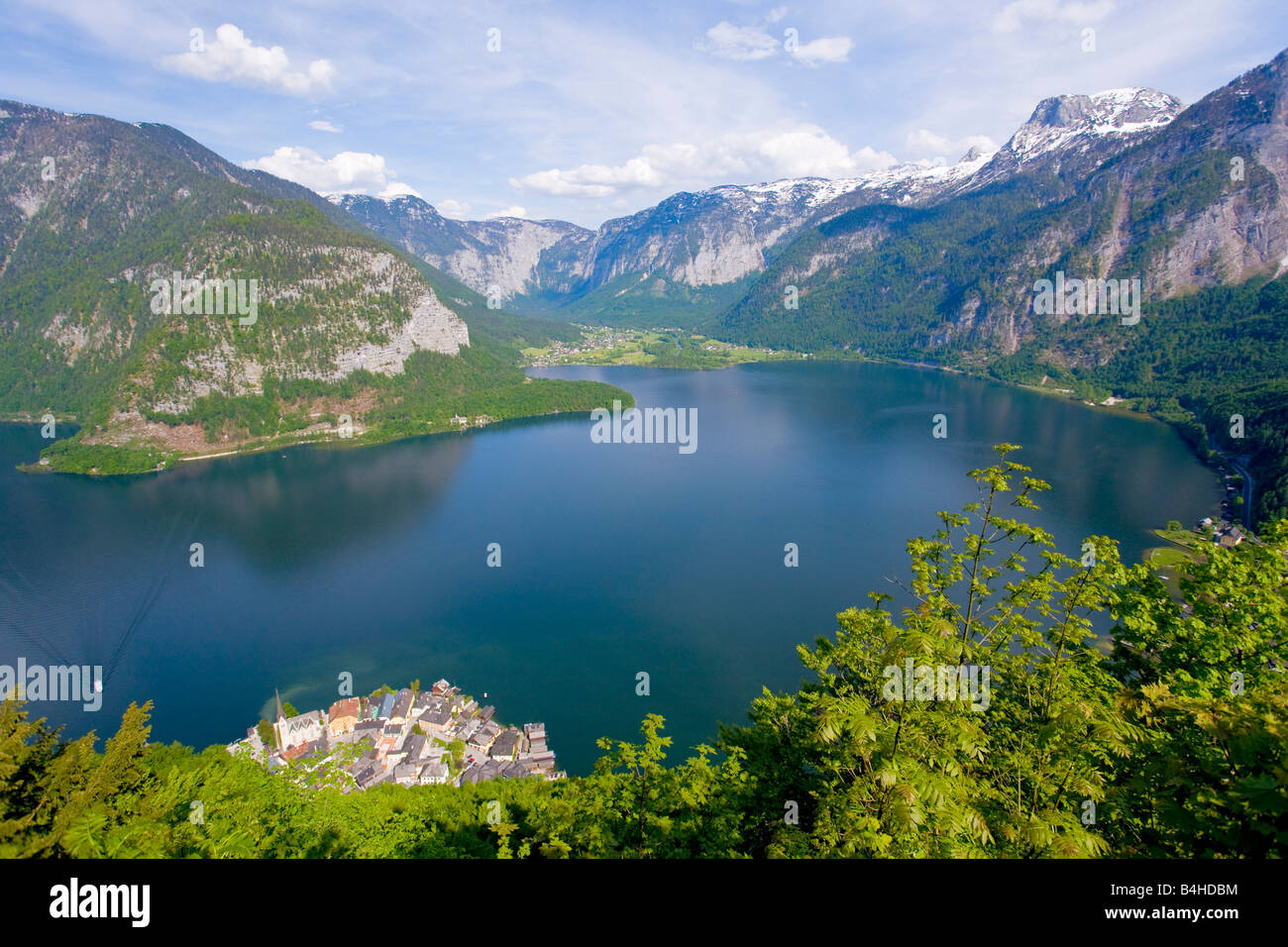 High angle view of lake surrounded by mountain, Lake Hallstatt, Hallstadt, Salzkammergut, Austria Stock Photo