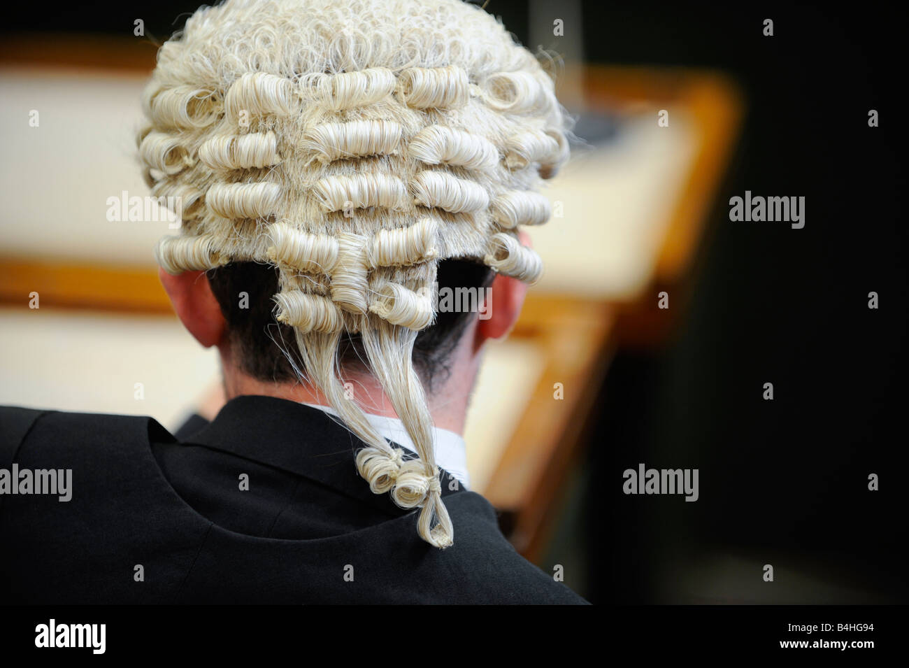 Generic Law court picture a member of the bar wearing barristers wig. Stock Photo