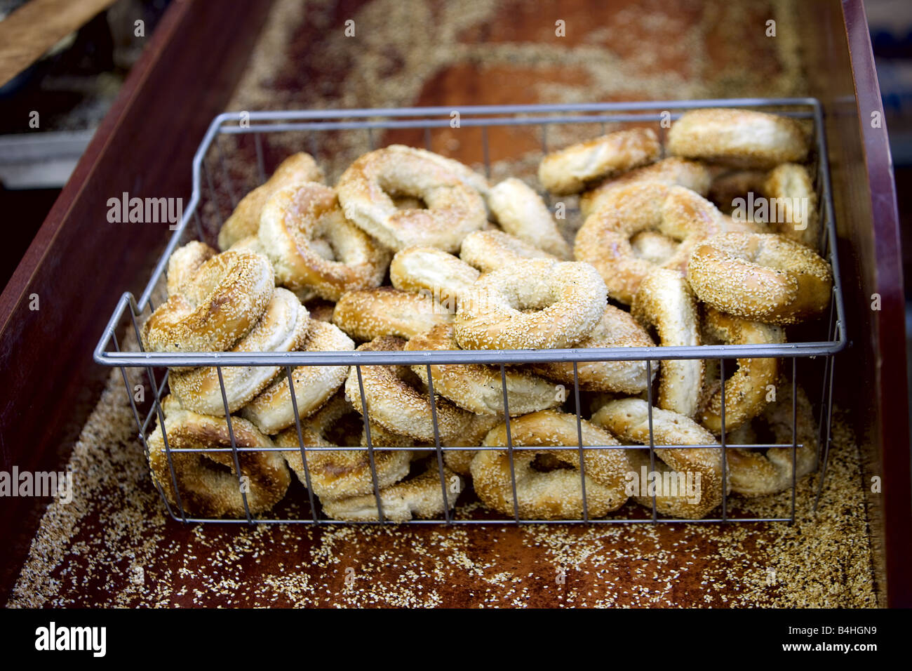 A basket of fresh baked bagels. Stock Photo