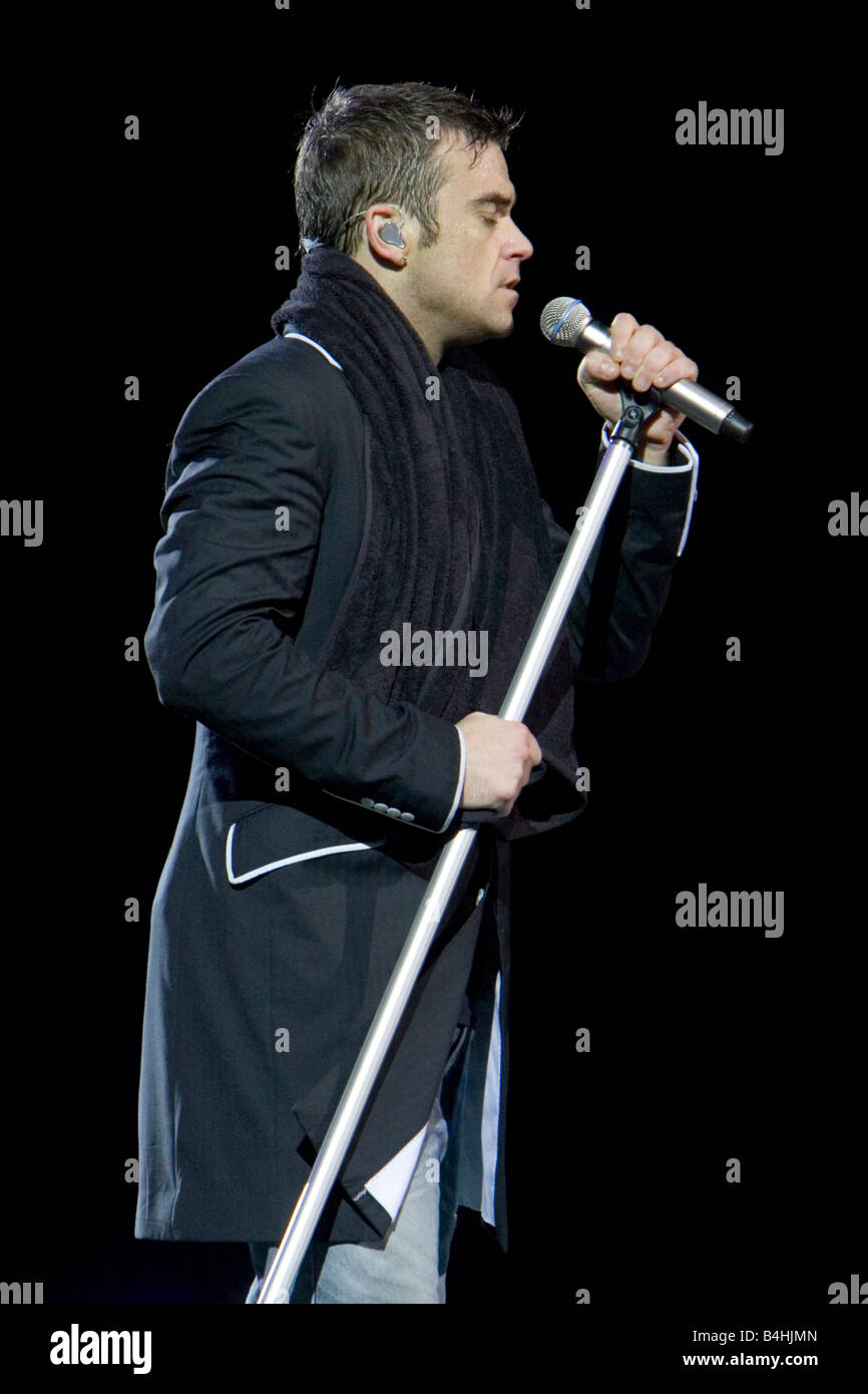 Robbie Williams performing live at the Aussie Stadium, Sydney, Australia Stock Photo