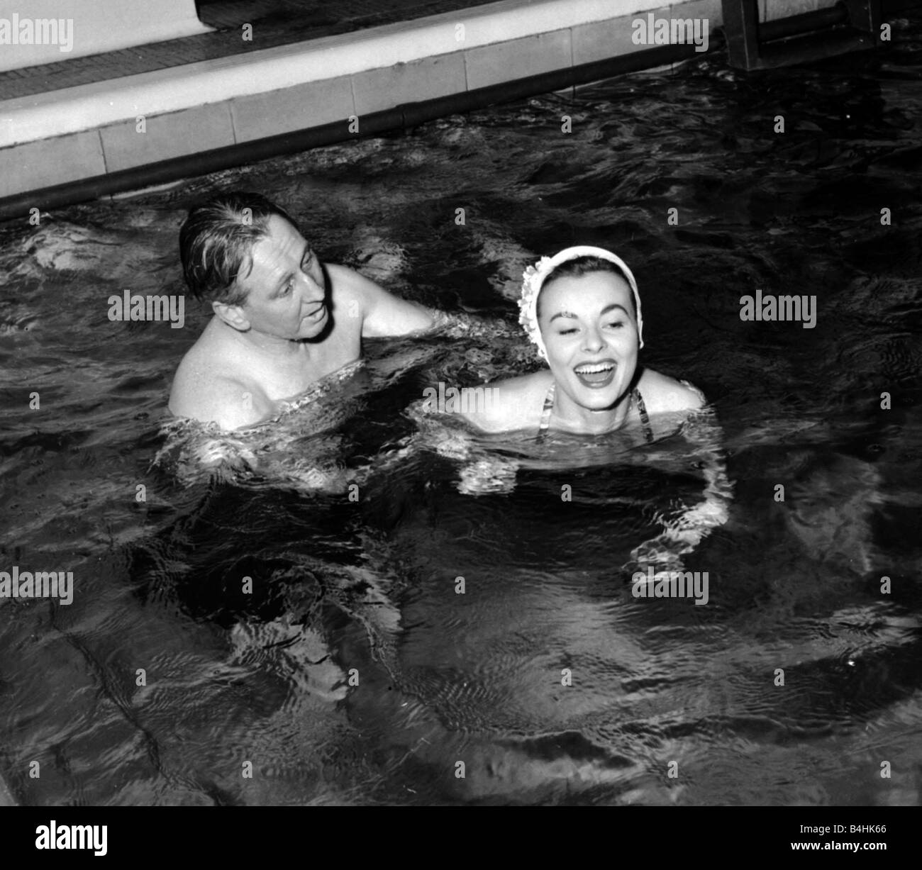 Actress Anne Heywood learning to swim for her role in the film Floods of Fear April 1958 Stock Photo