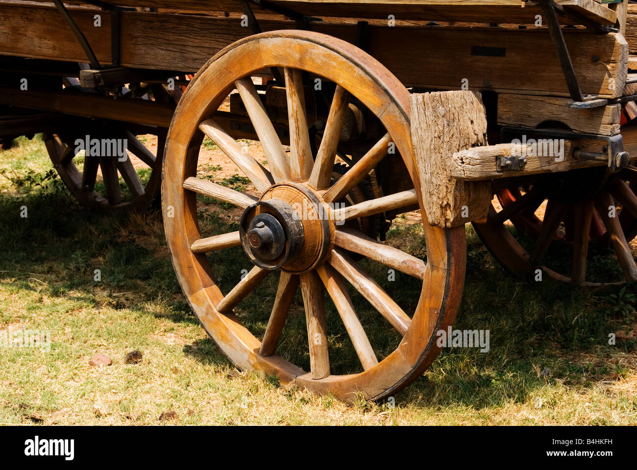 Close up of an old wooden wagon wheel Stock Photo