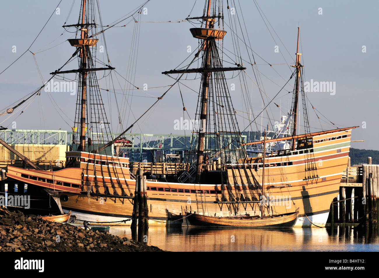 Mayflower 2 docked in Plymouth Harbor, MA.  Replica of the sailing ship that brought the Pilgrims to America in 1620. USA Stock Photo