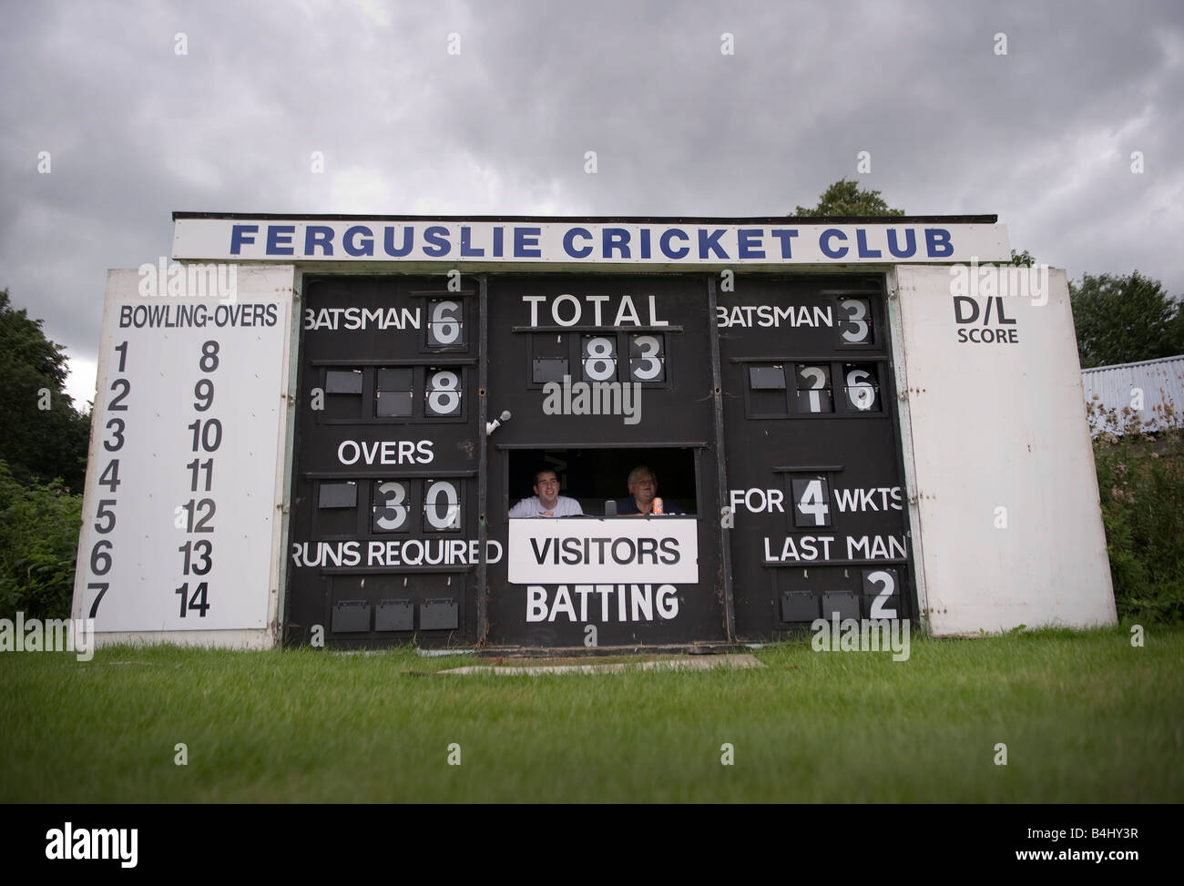 Two men score a cricket match from inside there score board Stock Photo -  Alamy