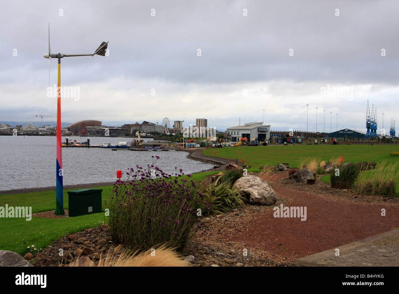 Looking back towards Cardiff from the Cardiff Bay Barrage, Wales, U.K. Stock Photo