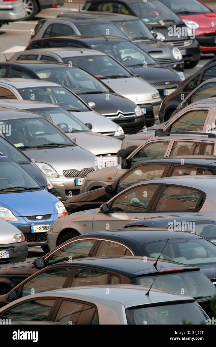Parked cars in a congested parking lot Stock Photo