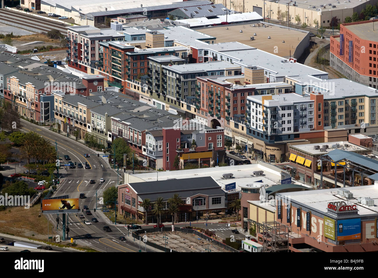 aerial view above Emeryville, California retail and apartment district Stock Photo