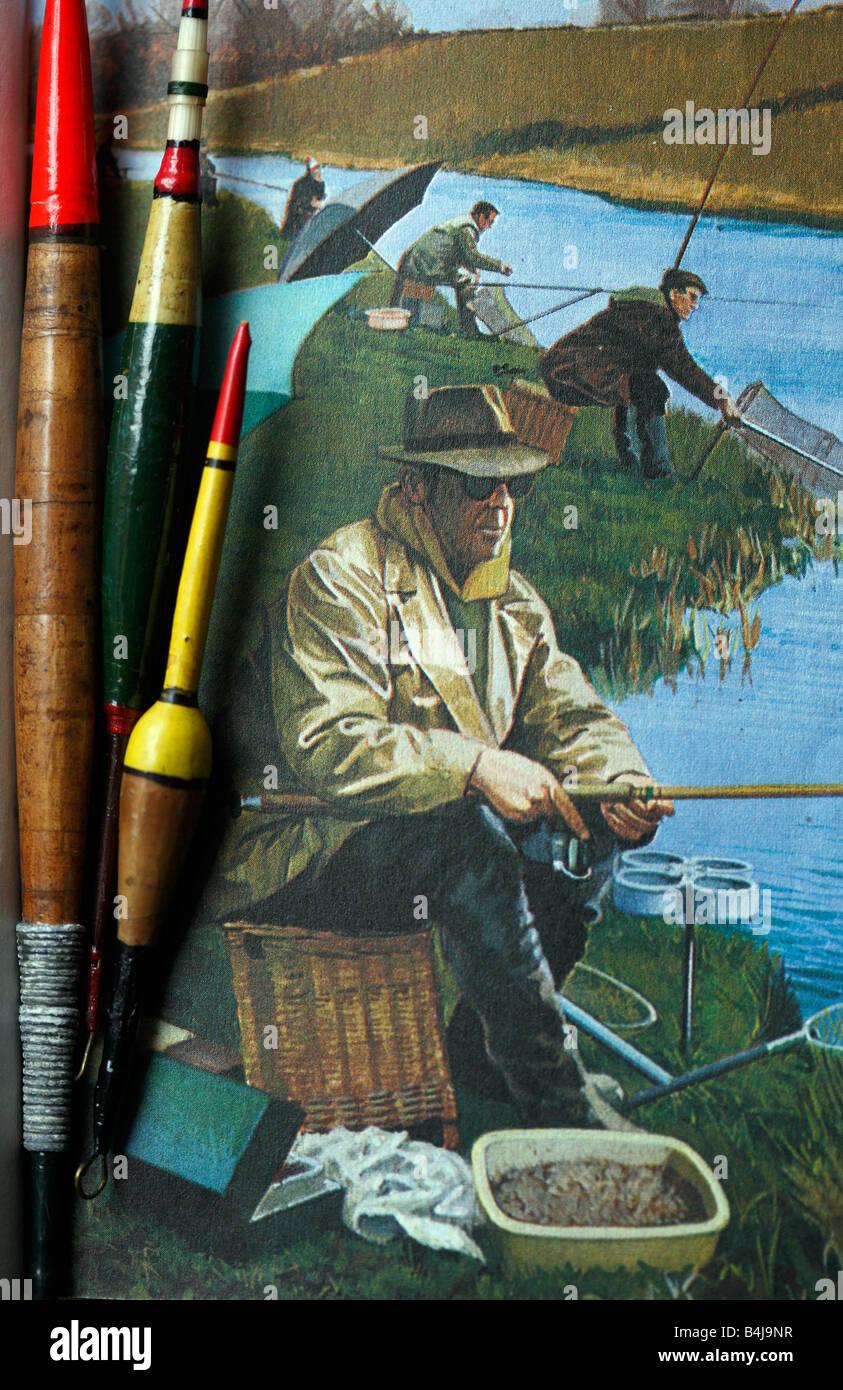 Vintage fishing floats, nestled between the pages of old book on