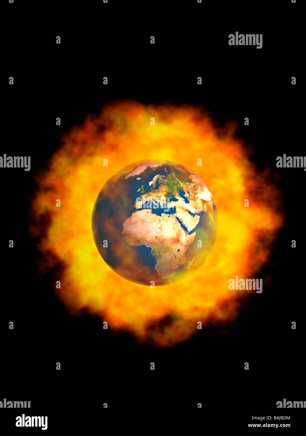 Illustration of globe surrounded by fire with Africa and Europe's map against black background Stock Photo