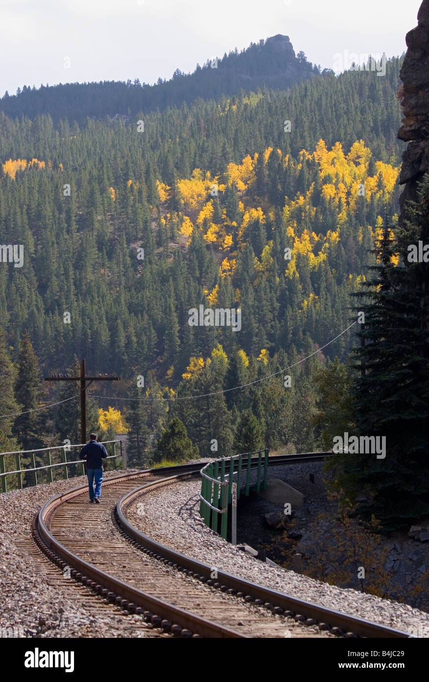 Homeless guy walks over a train trestle on the Union Pacific Tracks Stock Photo