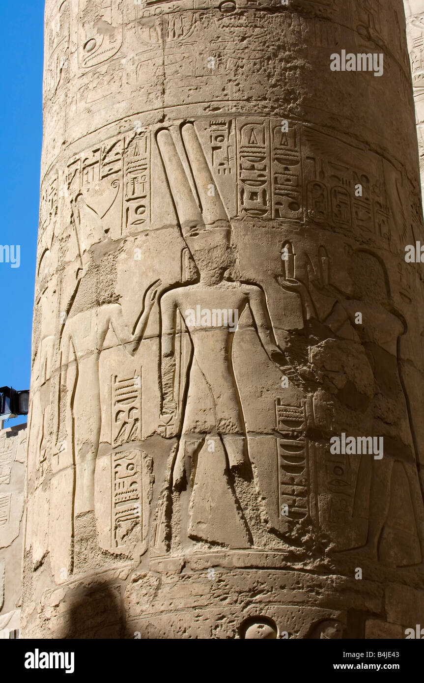Carved reliefs on column in the Great Hypostyle Hall, Karnak Temple Complex, UNESCO World Heritage Site, Luxor, Egypt Stock Photo