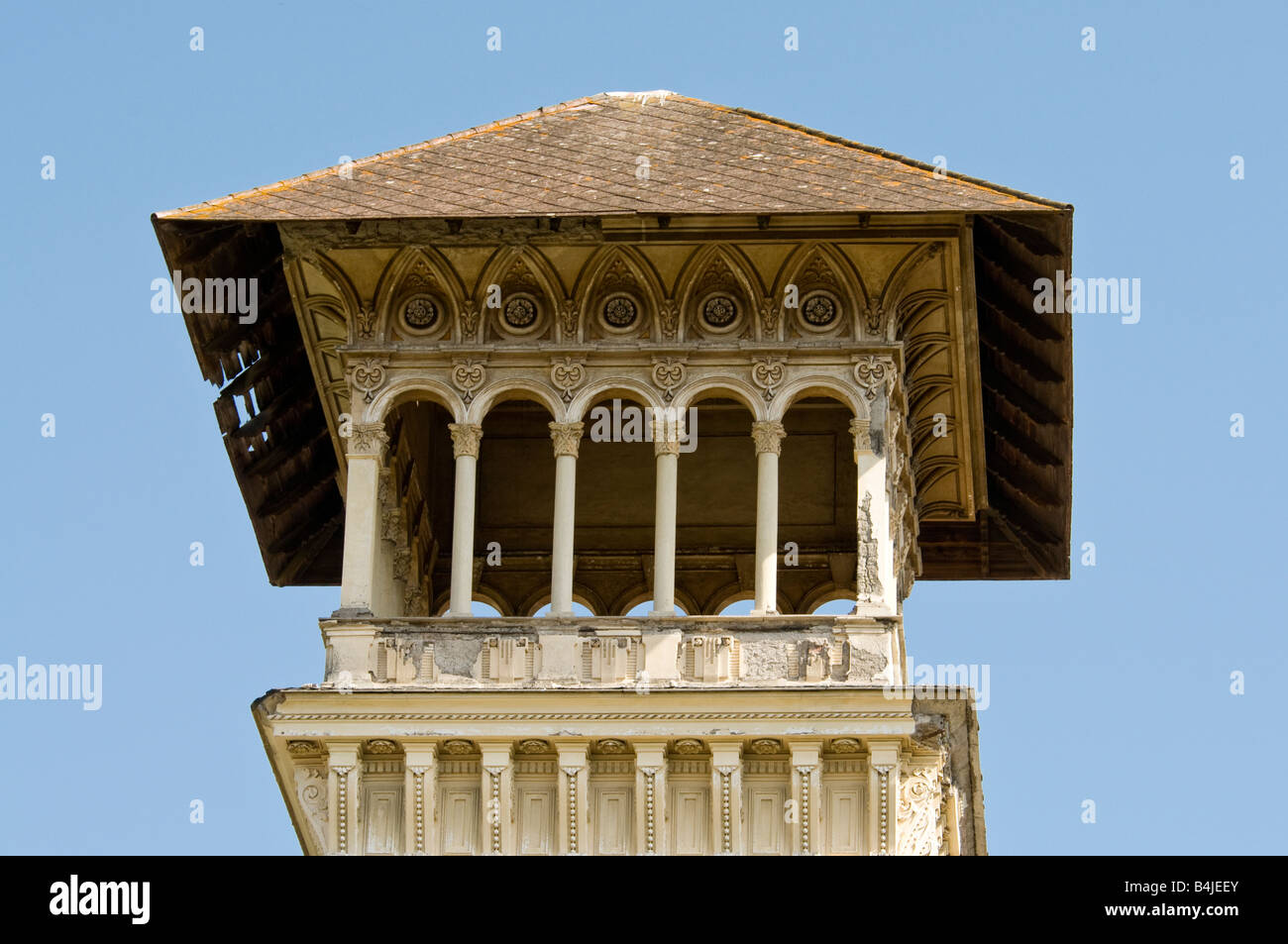 Ornate arches and columns on a tower in Ercolano, Italy Stock Photo