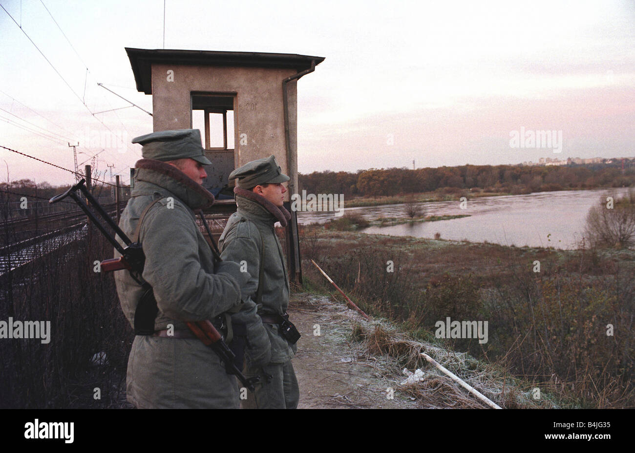 Polish border guard officers on patrol at daybreak at the Polish-German border, Poland Stock Photo