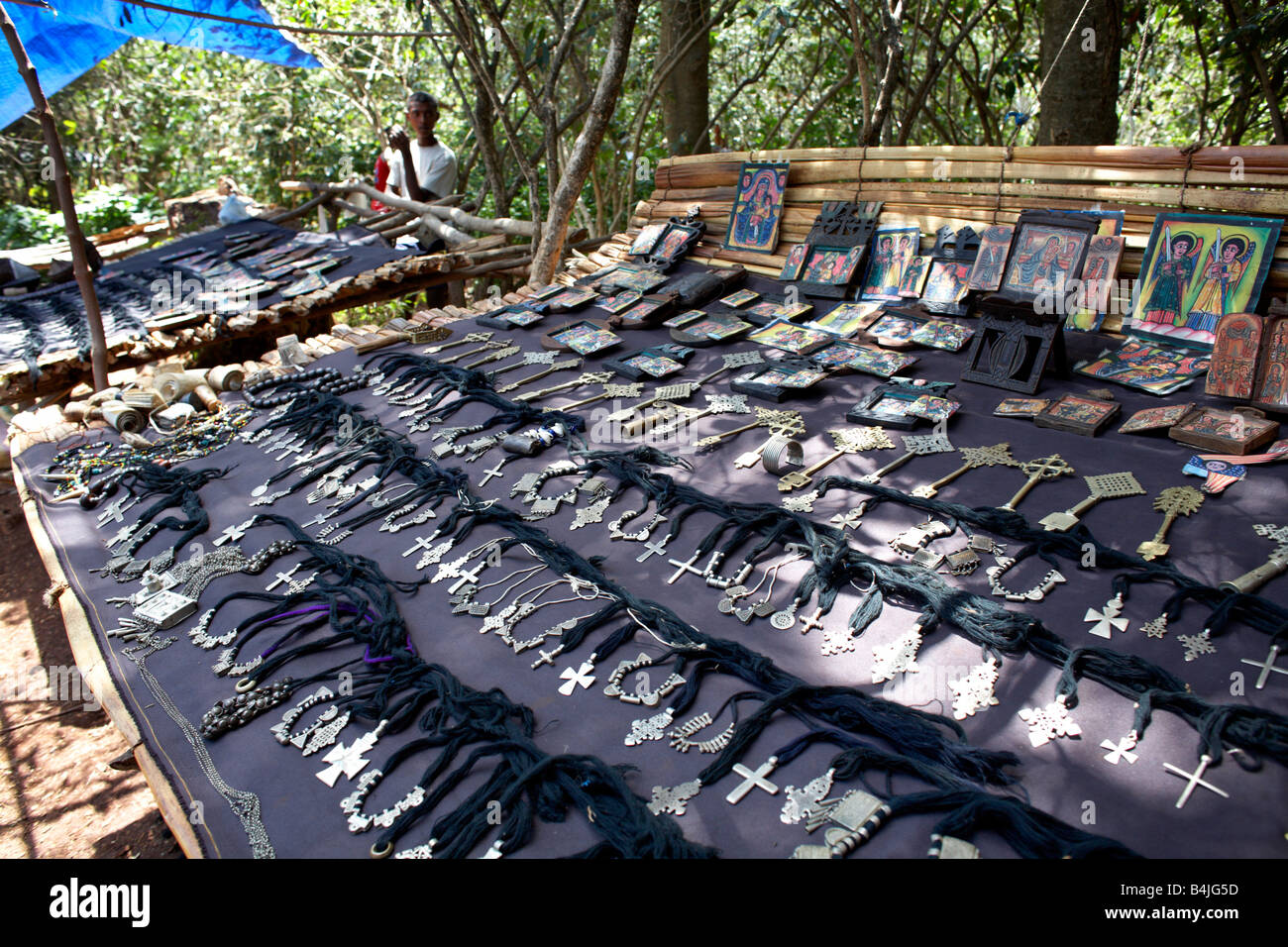 Souvenir crosses on sale outside an Lake Tana monastery, Ethiopia Stock Photo