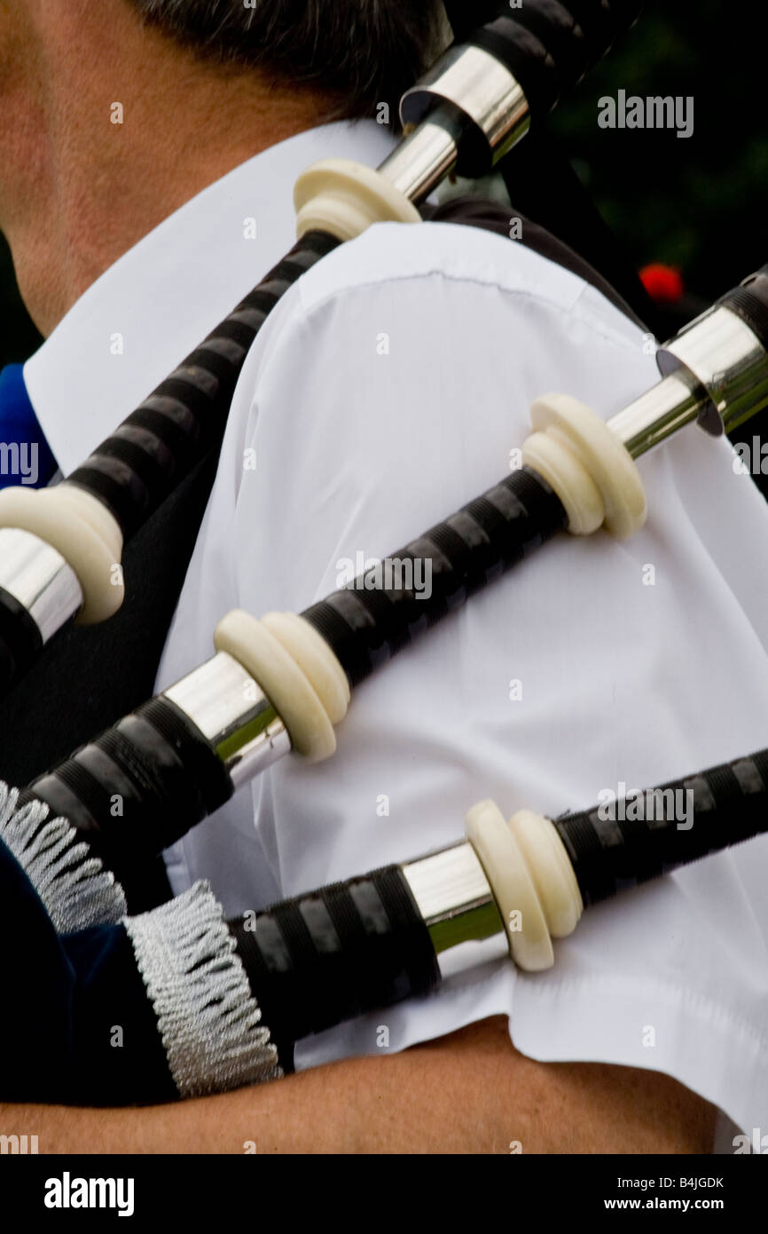 Close up of bagpipe drones being played at World Pipe Band