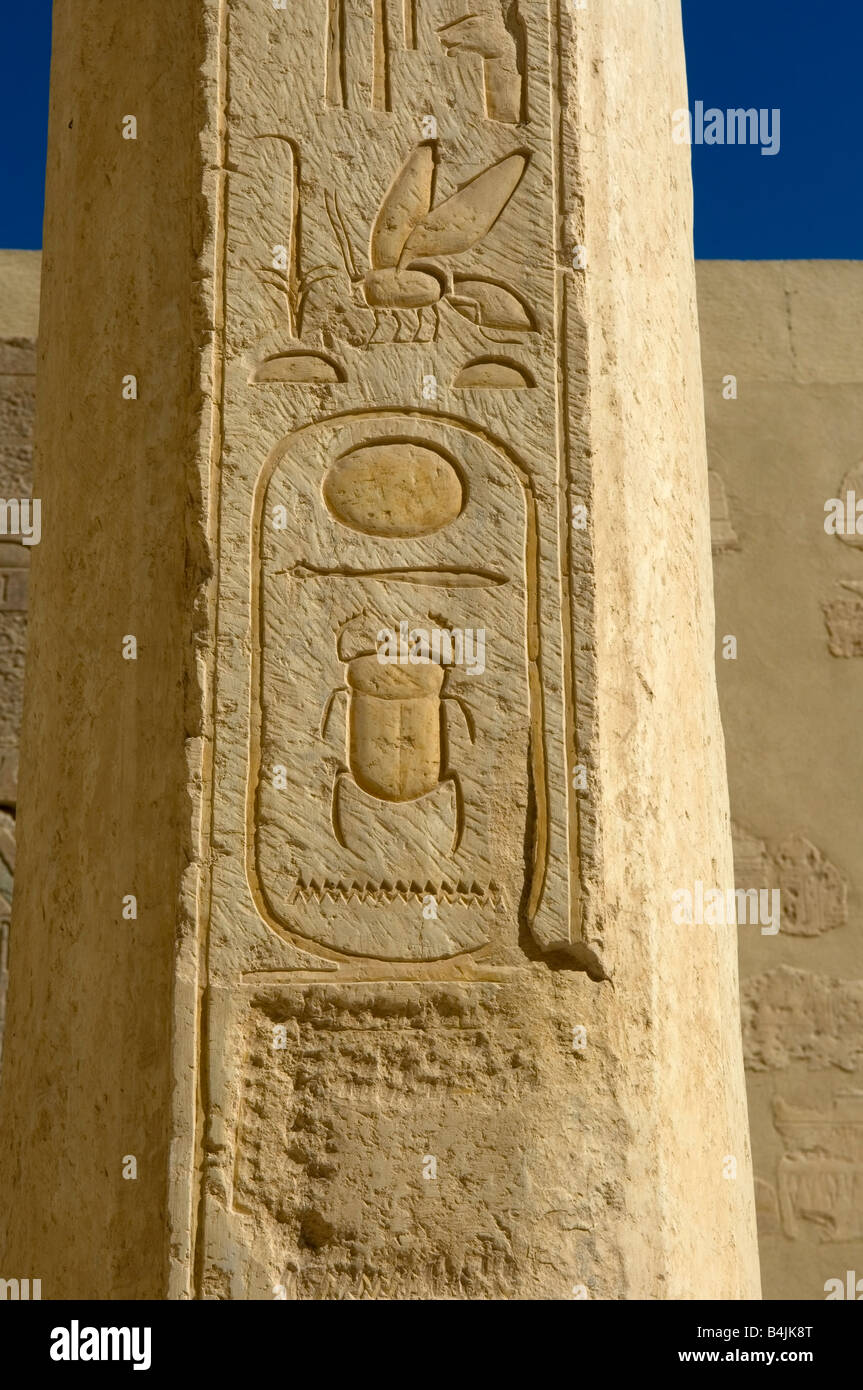 Cartouche of Thutmose II (Aakheperenre) in bas relief, Queen Hatshepsuts Mortuary Temple, Theban Necropolis, Luxor Stock Photo