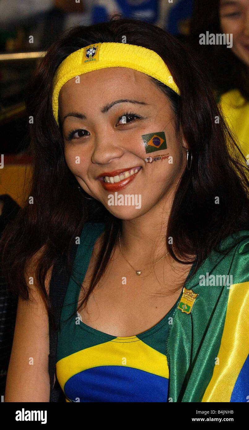 Female Brazilian fans World Cup Japan/Korea June 2002 Samba girl Brazil fans at Brazil v Belgium match in kobe. ©Mirrorpix Stock Photo