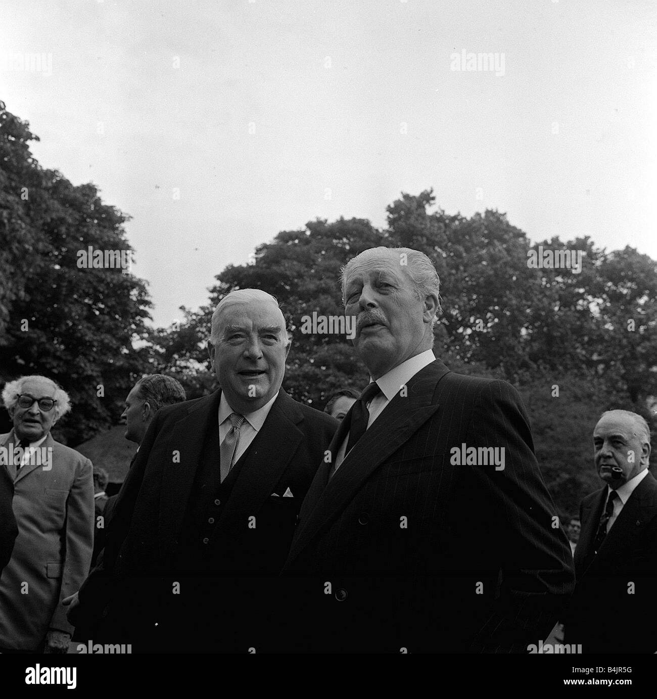 Prime Minister Harold MacMillan MP and Mr Diefenbaker of Canada talking at a meeting of Commonwealth premiers and delagates at Malborough House in London Britain faced the awkward task of balancing her Commonwealth interests with the growing calls for European unity and of course her friend and ally America Stock Photo