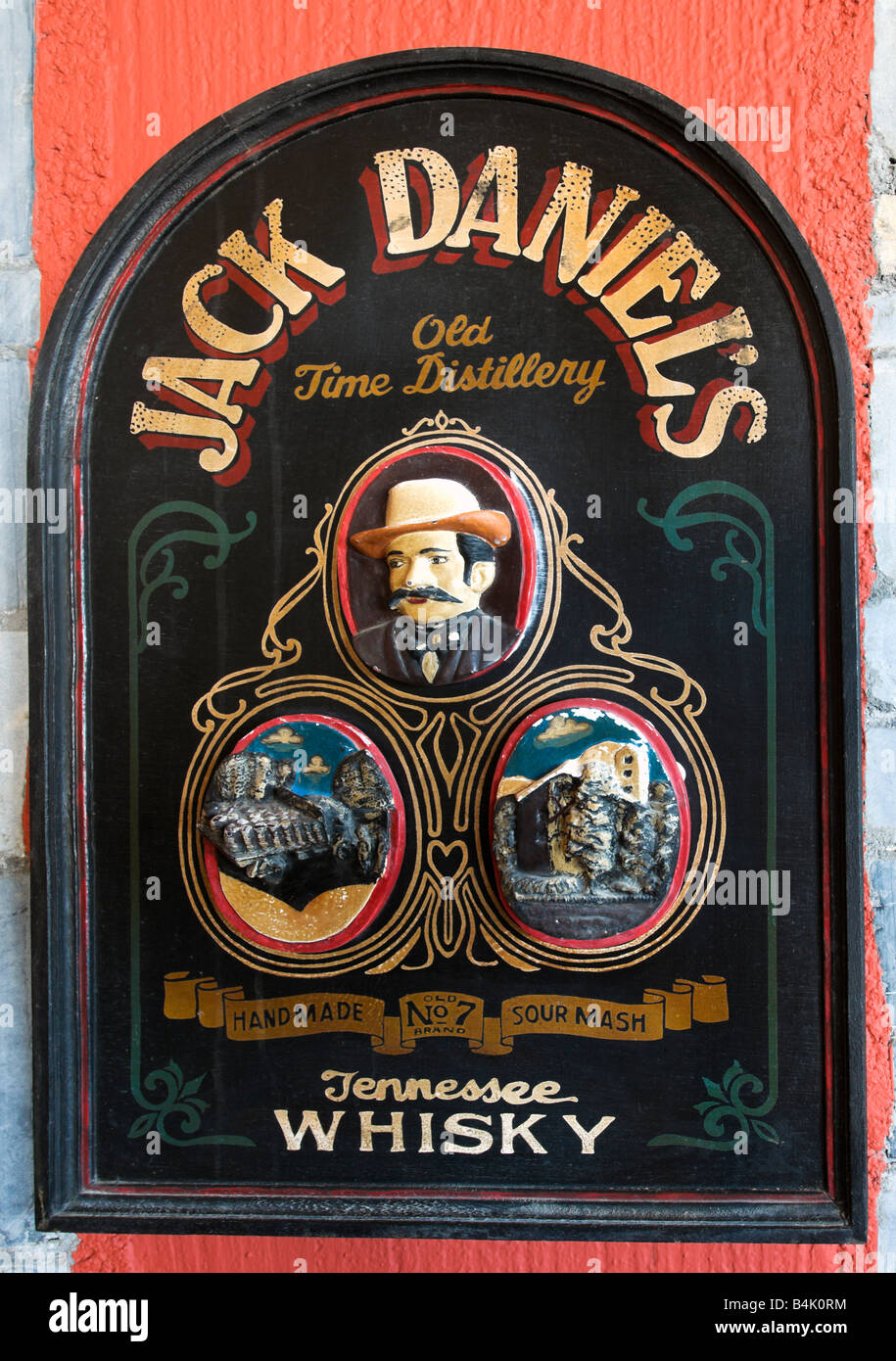 Old advertisement for Jack Daniels Bourbon Whisky on the wall of a hotel bar Stock Photo