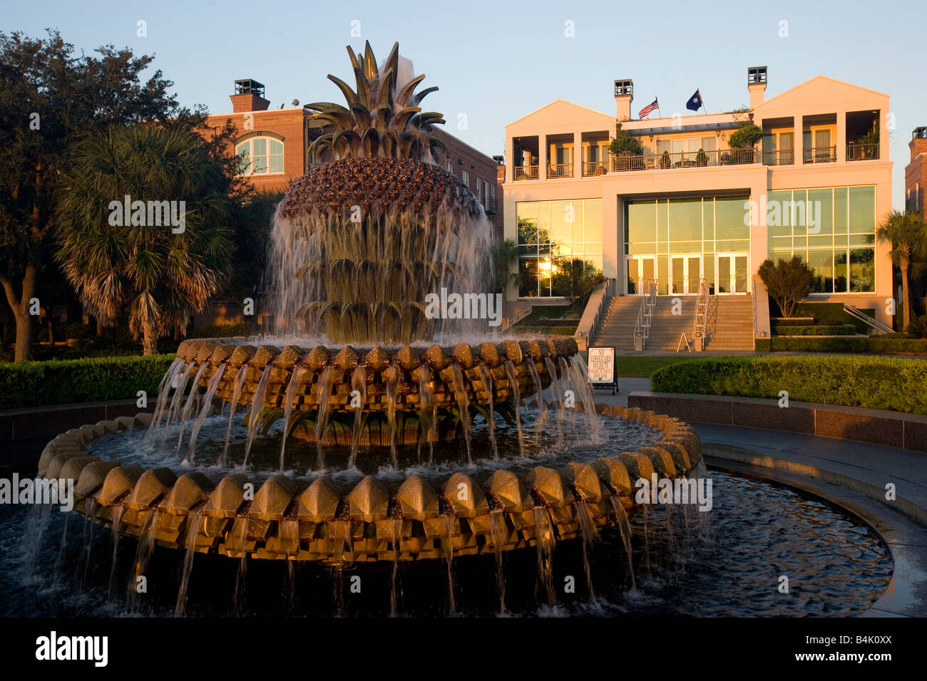 Pineapple fountain in Waterfront Park Charleston SC during sunrise with