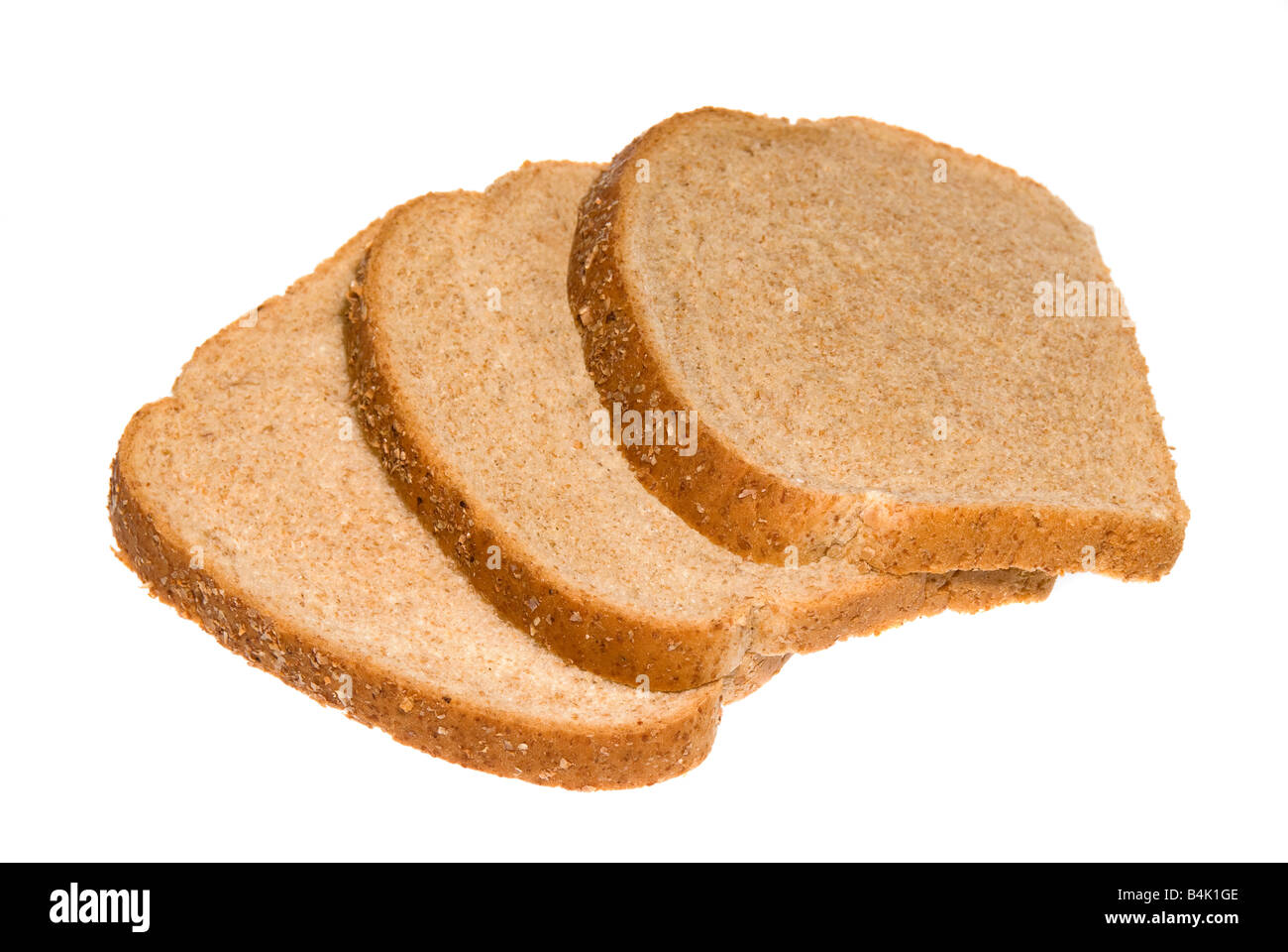Three slices of whole cracked wheat bread isolated on white Stock Photo