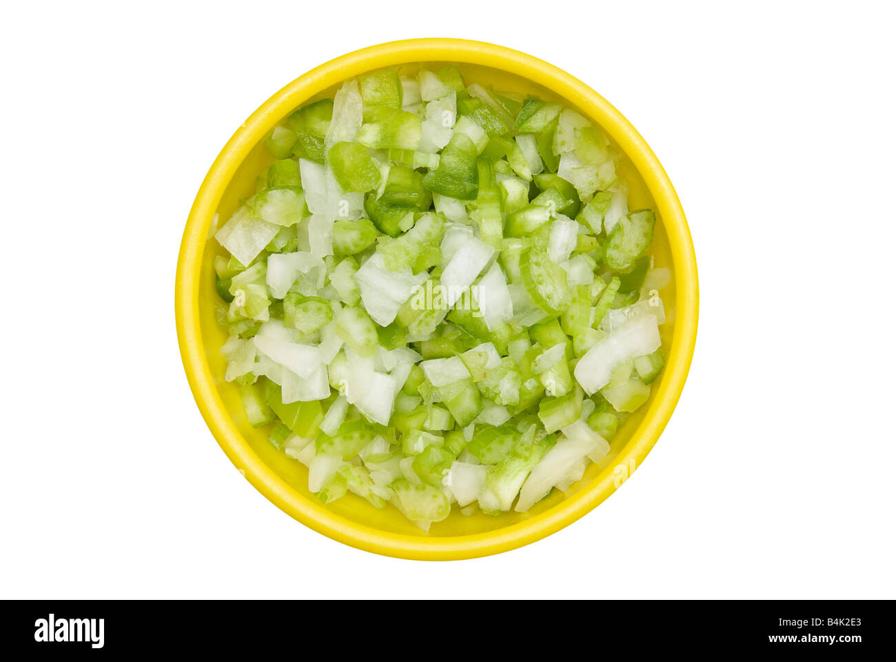 A bowl of chopped onions and bell pepper isolated on white Stock Photo