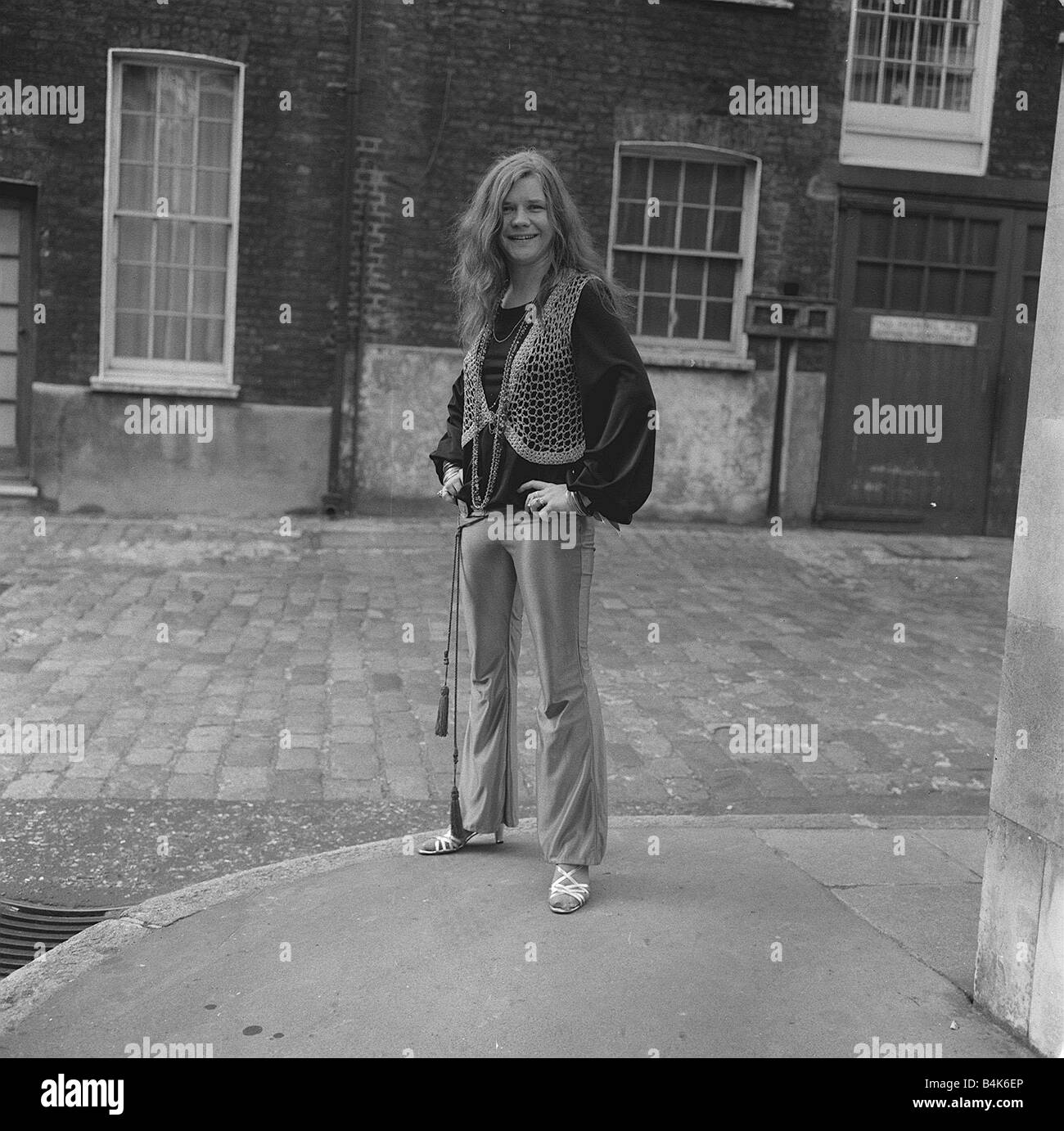 Janis Joplin American Singer in London in a Mayfair mews in 1969 She was due to appear at the Royal Albert Hall Monday April 27 Stock Photo