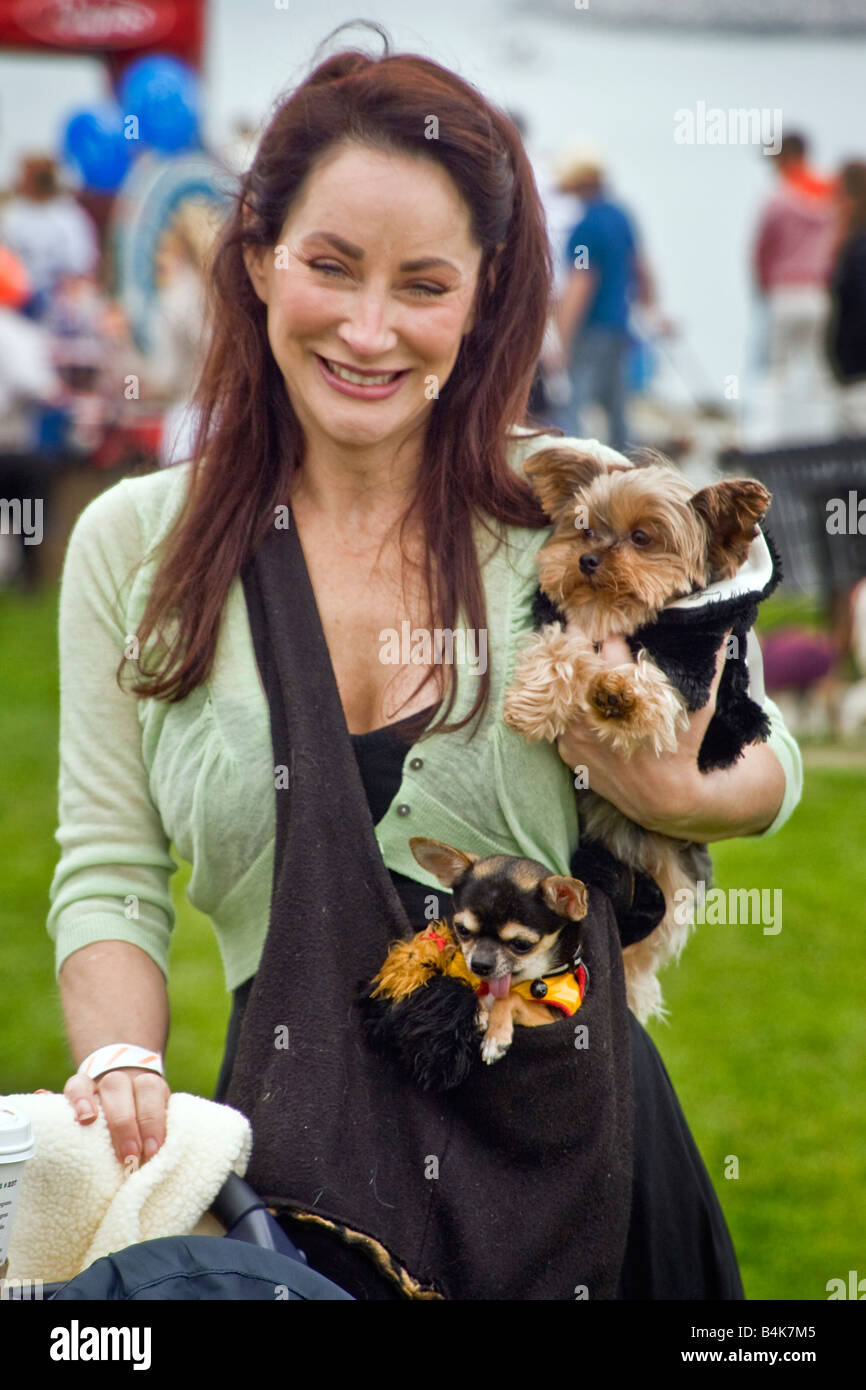 A dog owner with one pet in her hand and another in her pocket visits a weekend Wag A Thon in Dana Point CA Stock Photo