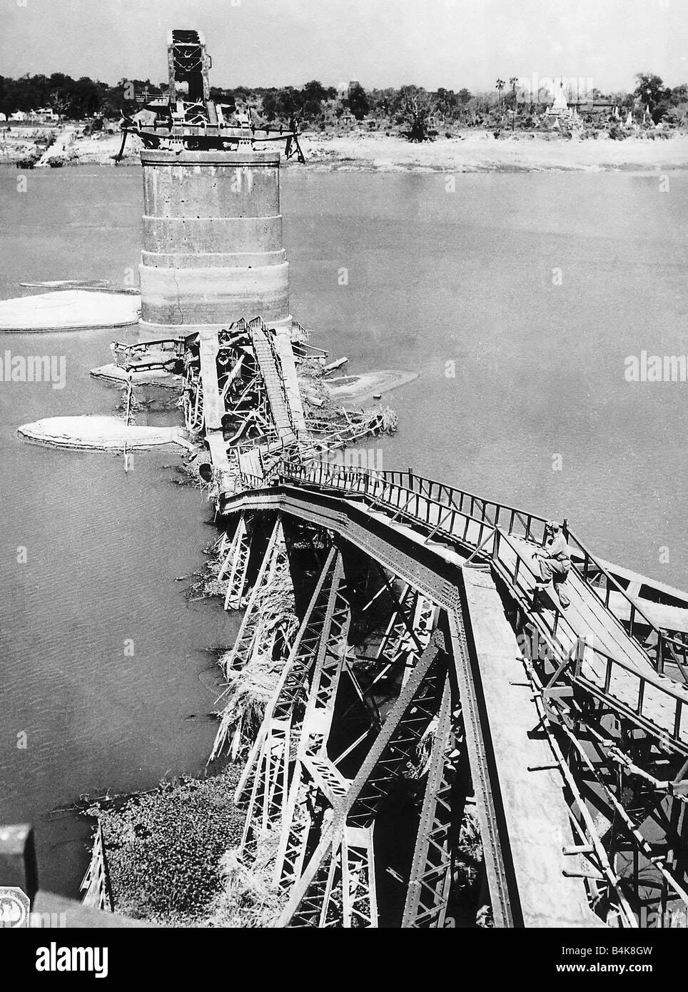 Damaged section of Ava bridge near Mandaley the only railway ridge over the Irrawaddy River WW2 Stock Photo