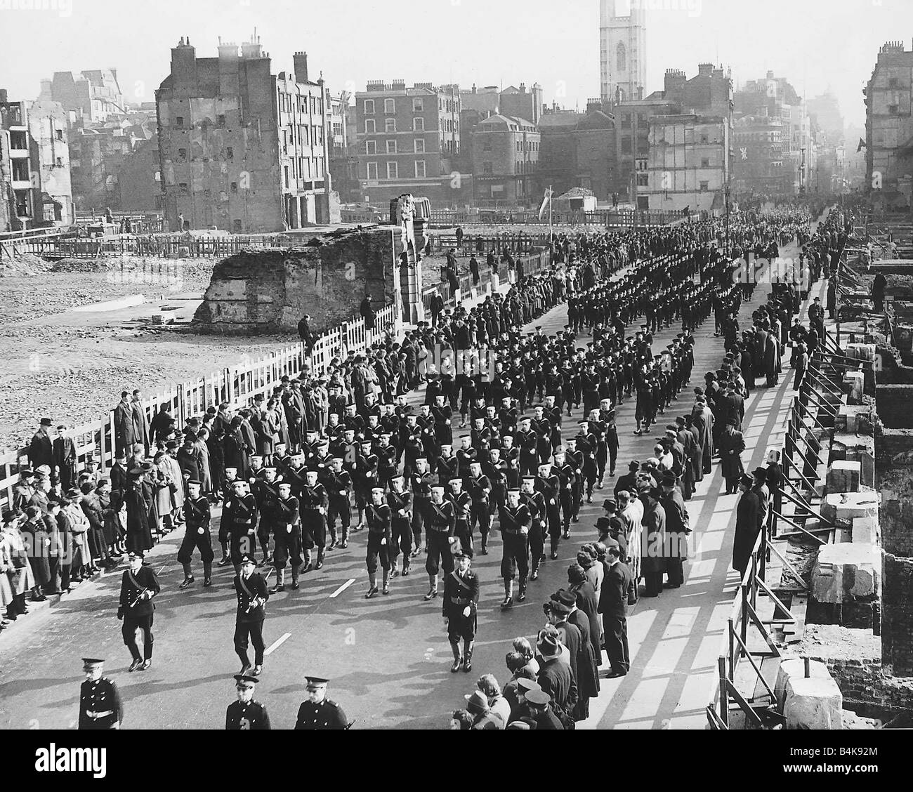 The Wings for Victory procession through devastated Cannon Street in London during WW2 1943 Stock Photo